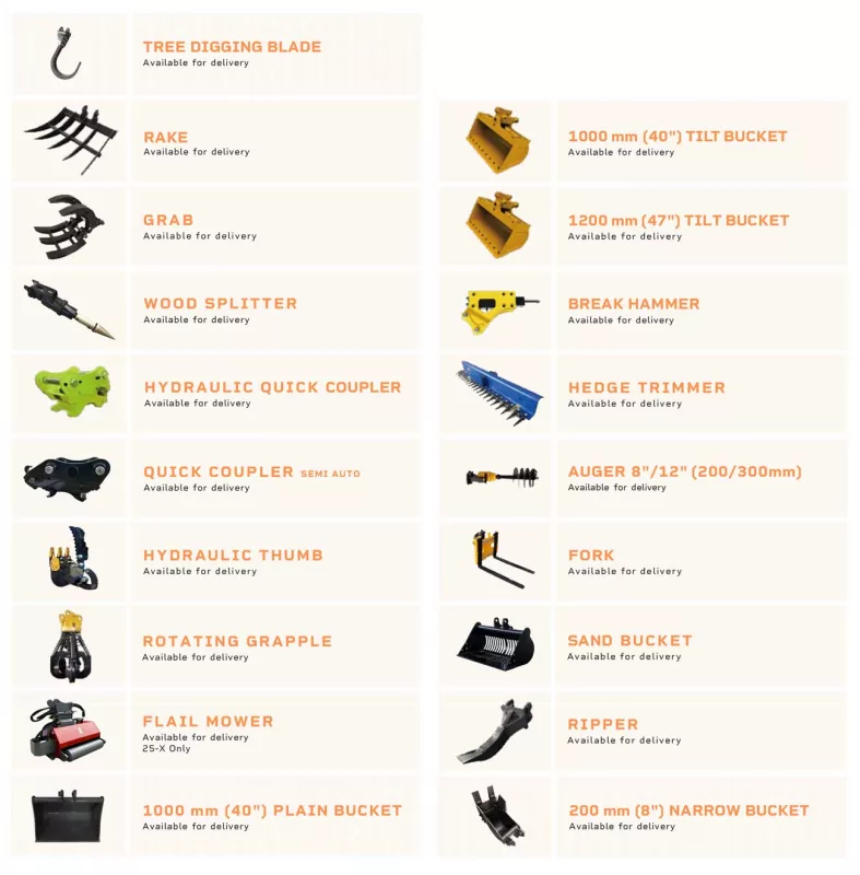 A list of accessories for Bull Equipment excavators