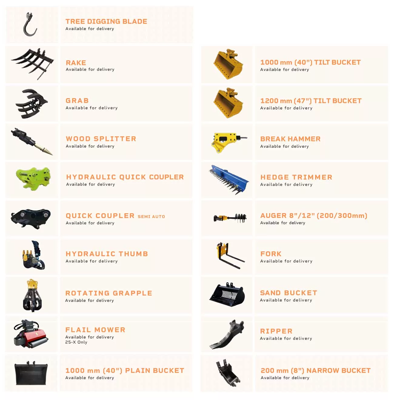 A list of accessories for Bull Equipment excavators
